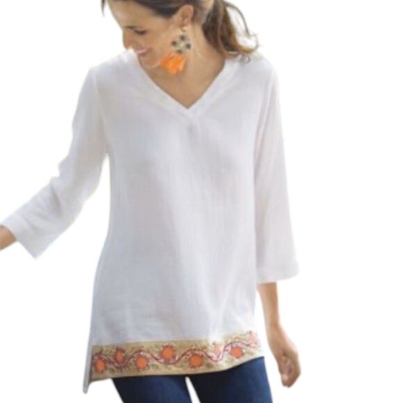 SOFT SURROUNDINGS Umbria Tunic Top Size Medium 3/4 Sleeve Embroidered White EUC - Picture 1 of 16